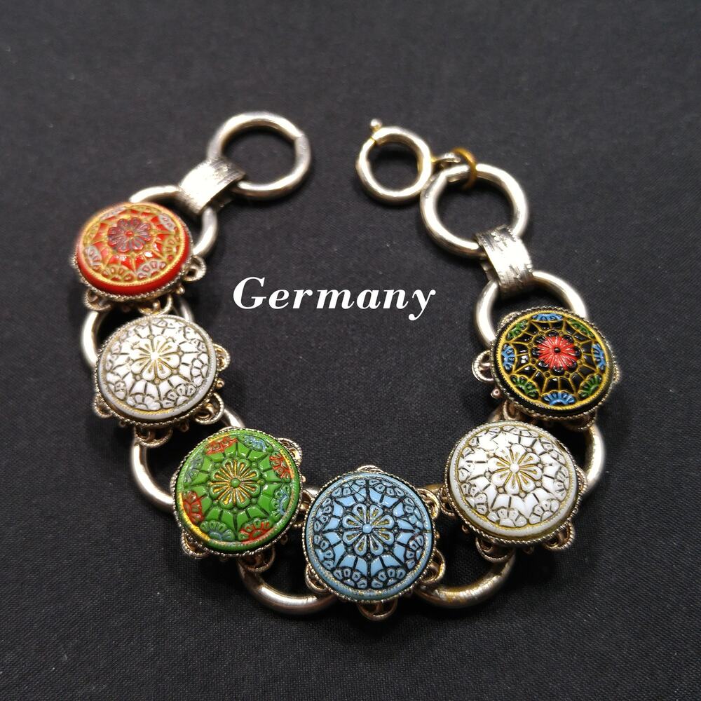 Vintage Germany Colorful Enamel Molded Links Bracelet, Book Chain, 1940s